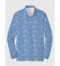 Full-Print Trendy Childlike Drawing Floral Pattern Printing Men‘s Long Sleeve Polo