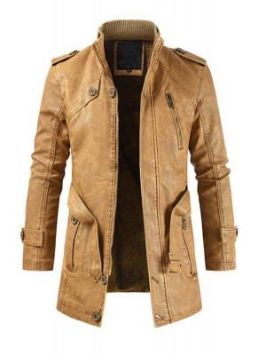 MENS MID-LENGTH CASUAL STAND-COLLAR SLIM LEATHER JACKET