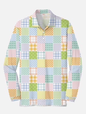 Plaid Series Lively Color Plaid Stitching Printing Men‘s Long Sleeve Polo